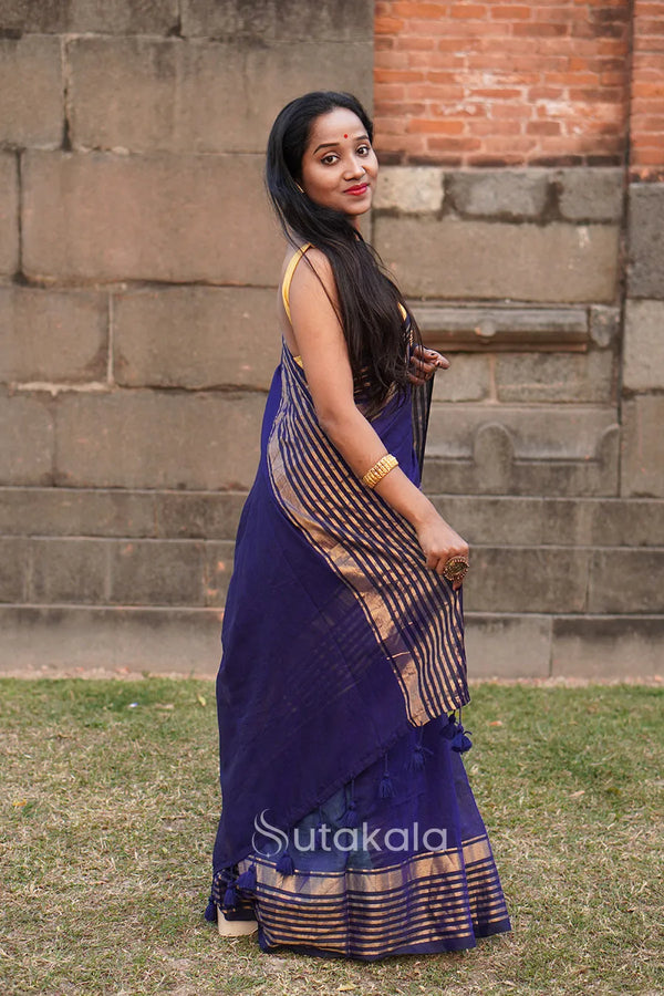 Blue Malmal Cotton Saree with Copper Striped Border