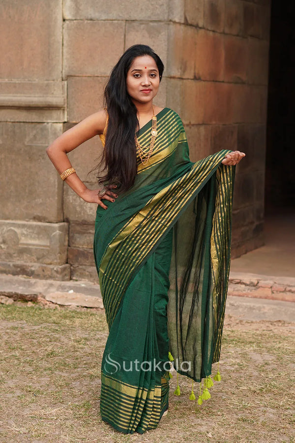 Green Malmal Cotton Saree with Golden Striped Border