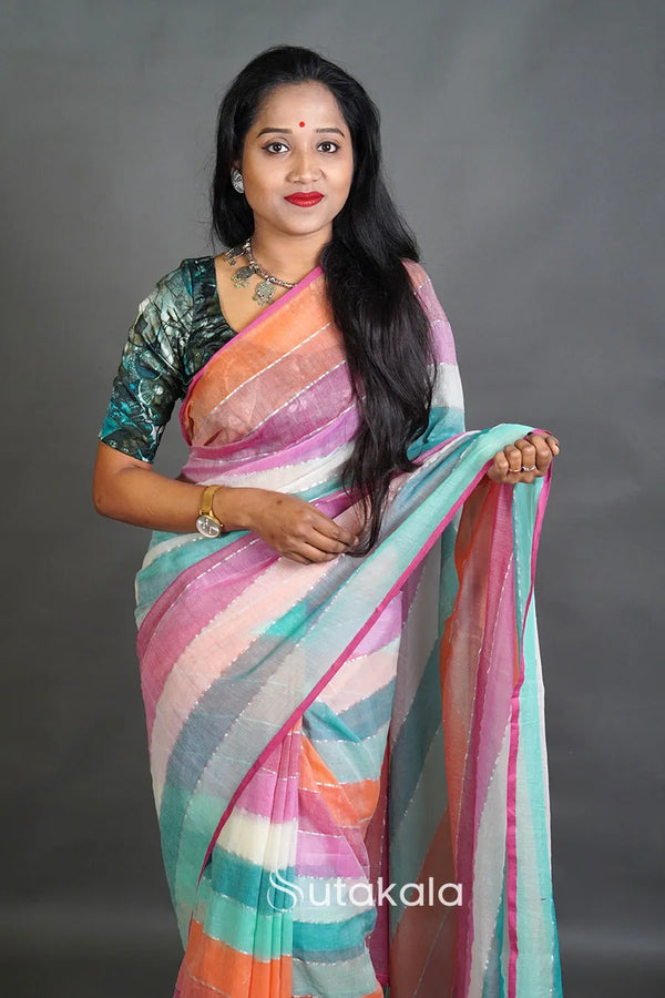 Pastel Multicolor Striped Cotton Saree with Tassel Pallu