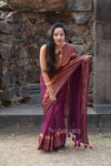 Purple Malmal Cotton Saree with Golden Striped Border