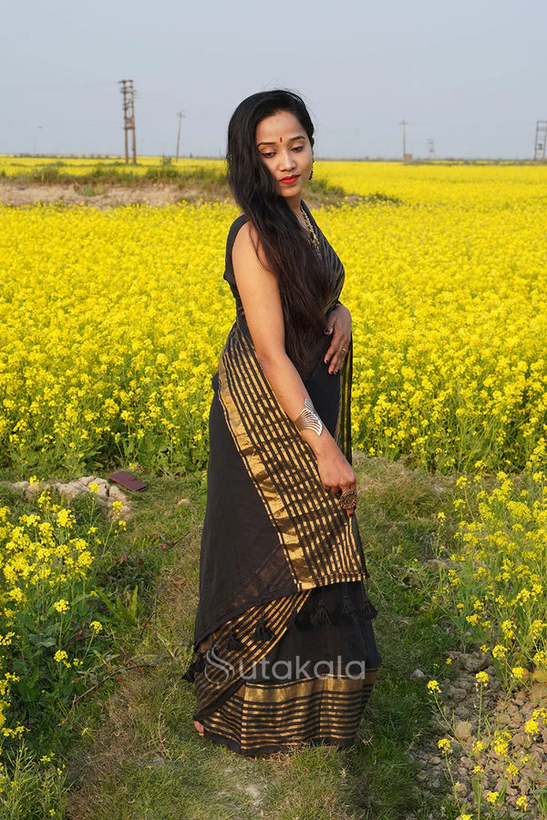 Black Malmal Cotton Saree with Golden Striped Border