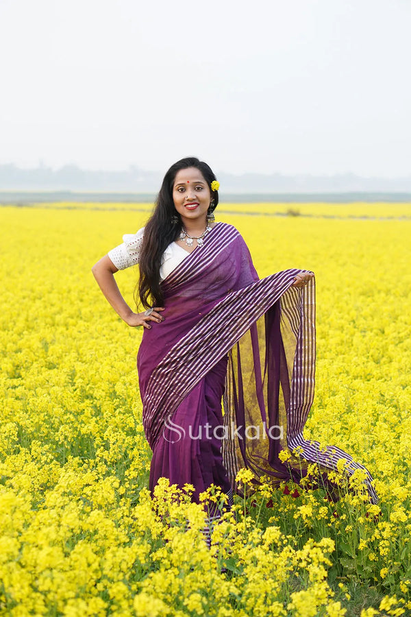 Purple Malmal Cotton Saree with White Striped Border