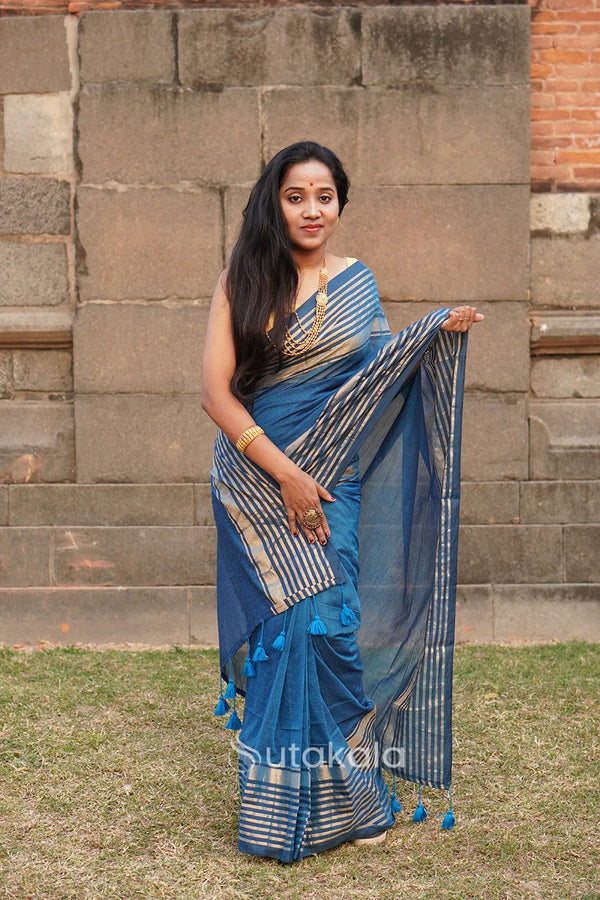 Blue Malmal Cotton Saree with golden Striped Border