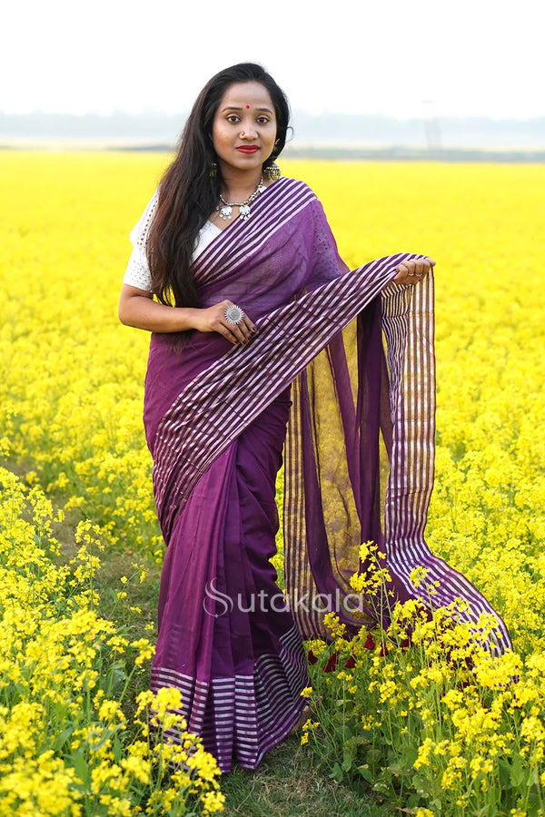 Purple Malmal Cotton Saree with White Striped Border