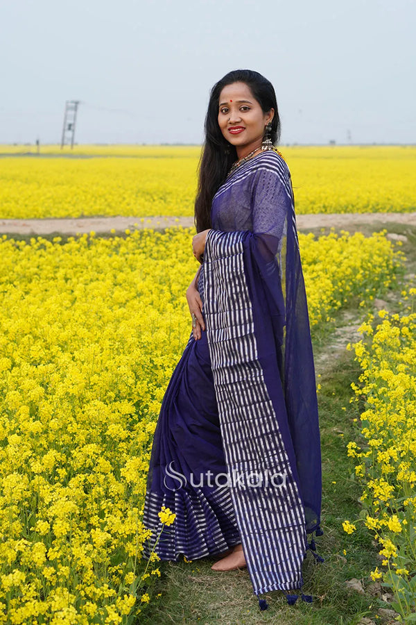 Blue Malmal Cotton Saree with White Striped Border