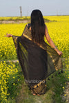 Black Malmal Cotton Saree with Golden Striped Border