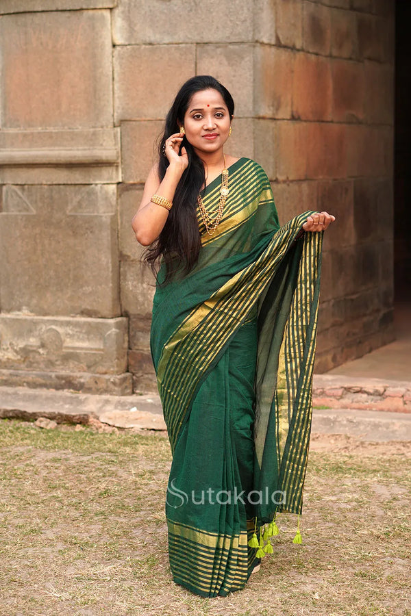 Green Malmal Cotton Saree with Golden Striped Border