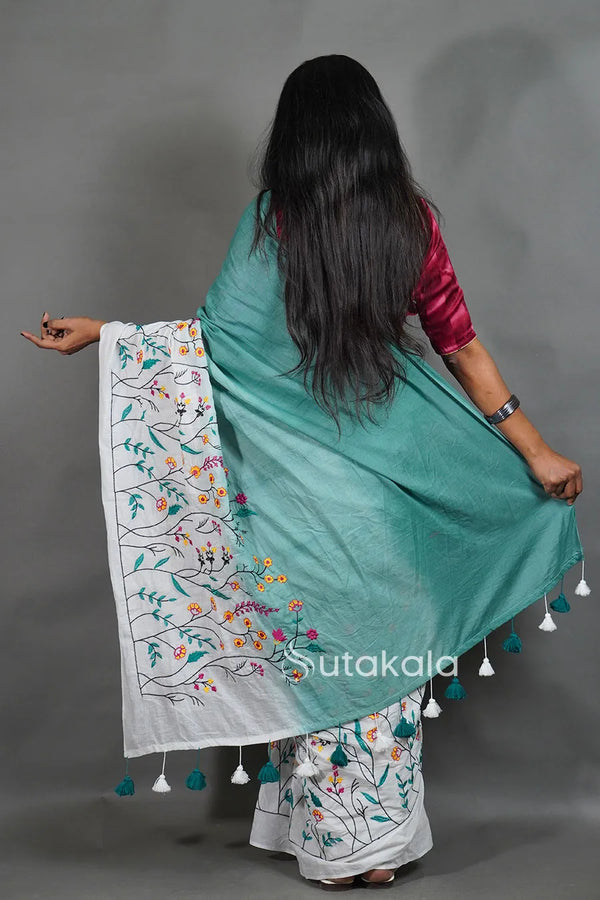 Sea Green Cotton Saree with White Floral Thread Work