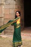 Green Malmal Cotton Saree with Golden Striped Border