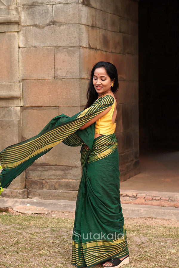Green Malmal Cotton Saree with Golden Striped Border
