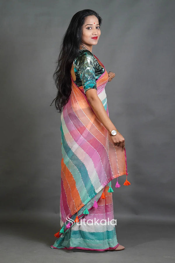 Pastel Multicolor Striped Cotton Saree with Tassel Pallu