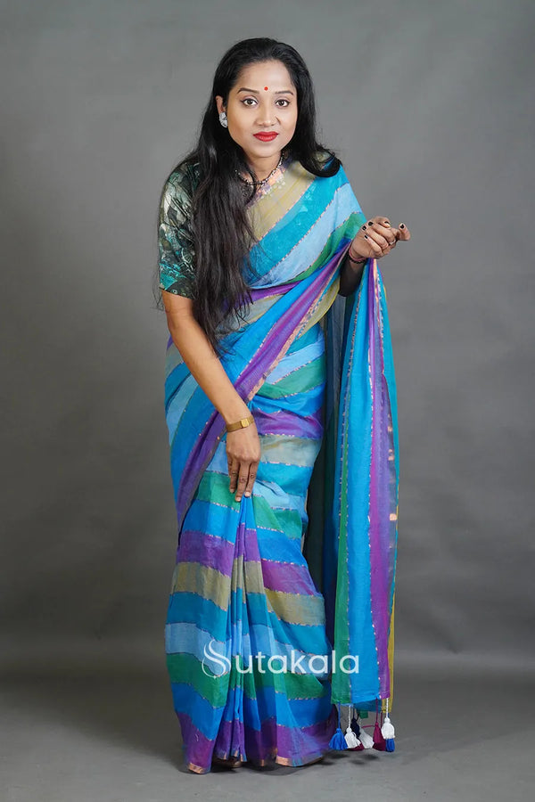 Pastel Multicolor Striped Cotton Saree with Pompom Pallu