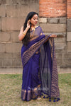 Blue Malmal Cotton Saree with Copper Striped Border
