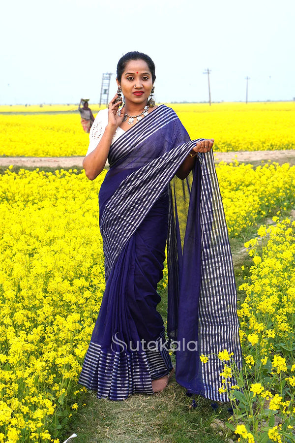 Blue Malmal Cotton Saree with White Striped Border