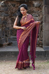 Purple Malmal Cotton Saree with Golden Striped Border