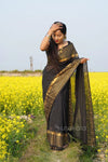 Black Malmal Cotton Saree with Golden Striped Border