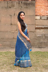 Blue Malmal Cotton Saree with golden Striped Border