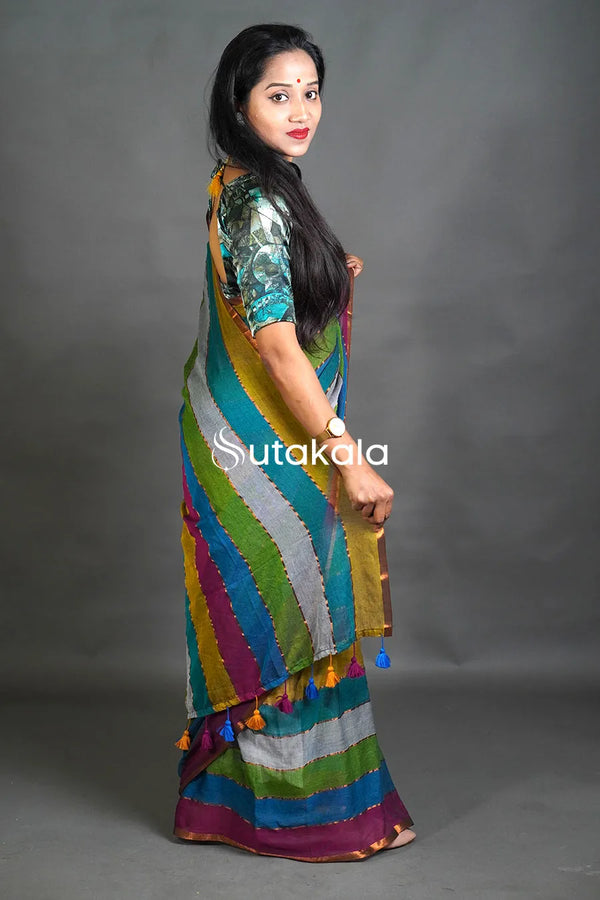Elegant Multicolor Pastel Stripe Saree with Contrast Border