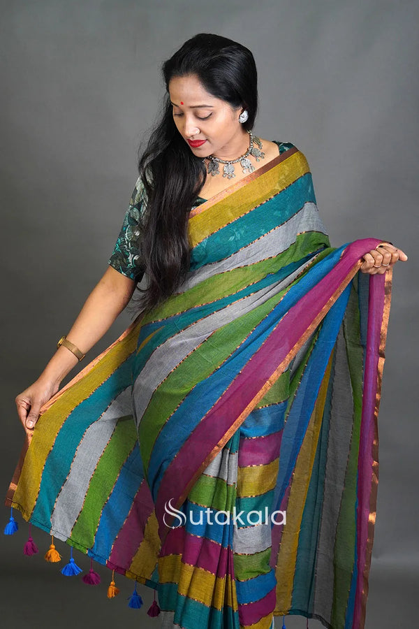 Elegant Multicolor Pastel Stripe Saree