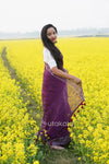 Purple Malmal Cotton Saree with White Striped Border