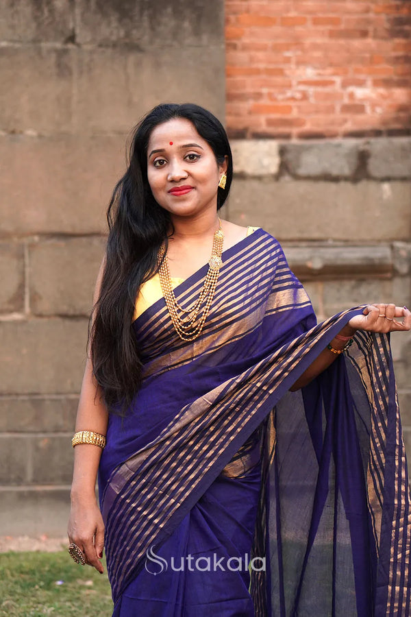 Blue Malmal Cotton Saree with Copper Striped Border