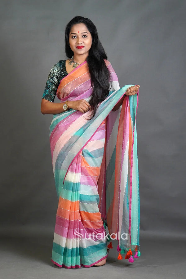 Pastel Multicolor Striped Cotton Saree with Tassel Pallu