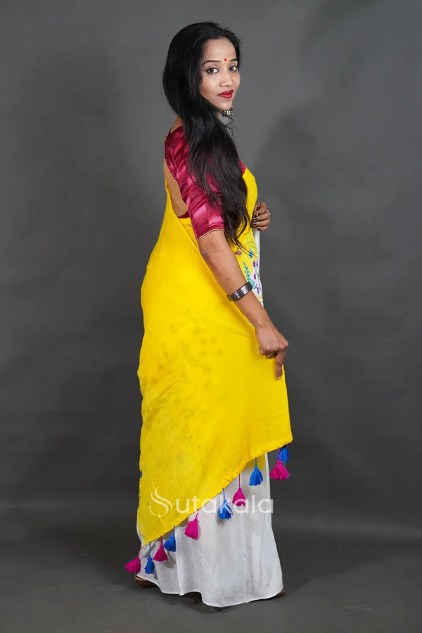 Yellow Cotton Saree with White Floral Thread Work (Copy)