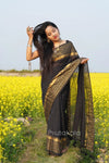Black Malmal Cotton Saree with Golden Striped Border