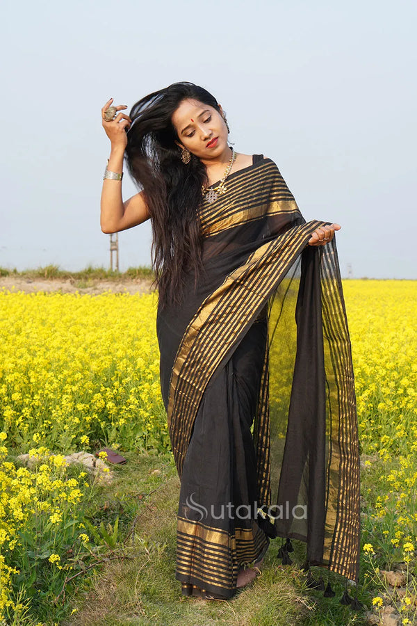 Black Malmal Cotton Saree with Golden Striped Border