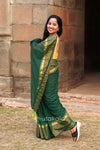Green Malmal Cotton Saree with Golden Striped Border
