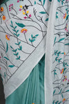 Sea Green Cotton Saree with White Floral Thread Work