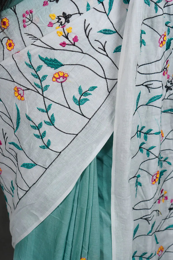 Sea Green Cotton Saree with White Floral Thread Work