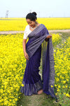 Blue Malmal Cotton Saree with White Striped Border