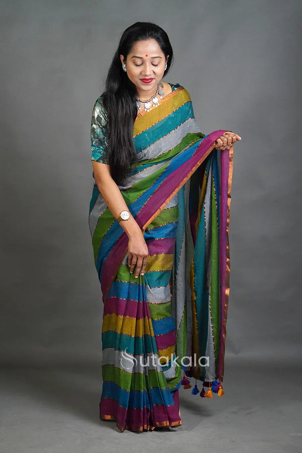 Elegant Multicolor Pastel Stripe Saree with Contrast Border