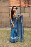 Blue Malmal Cotton Saree with golden Striped Border