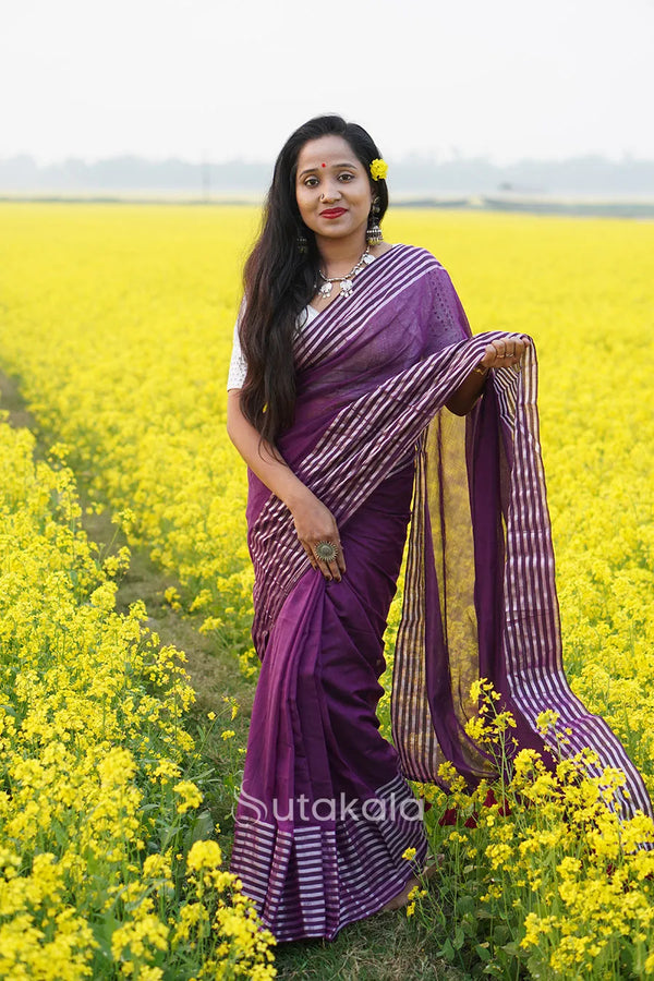 Purple Malmal Cotton Saree with White Striped Border