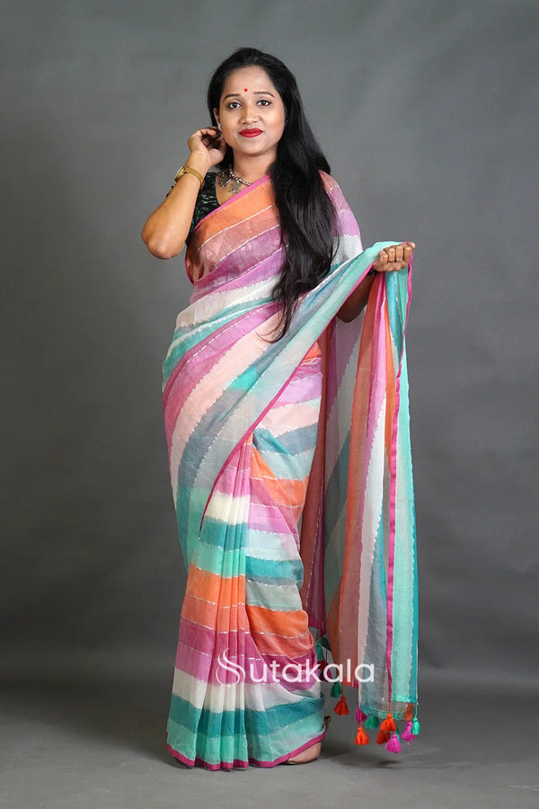 Pastel Multicolor Striped Cotton Saree with Tassel Pallu