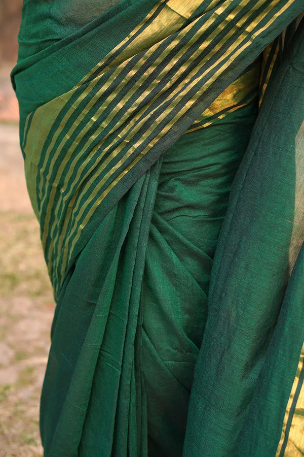 Green Malmal Cotton Saree with Golden Striped Border