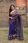 Blue Malmal Cotton Saree with Copper Striped Border