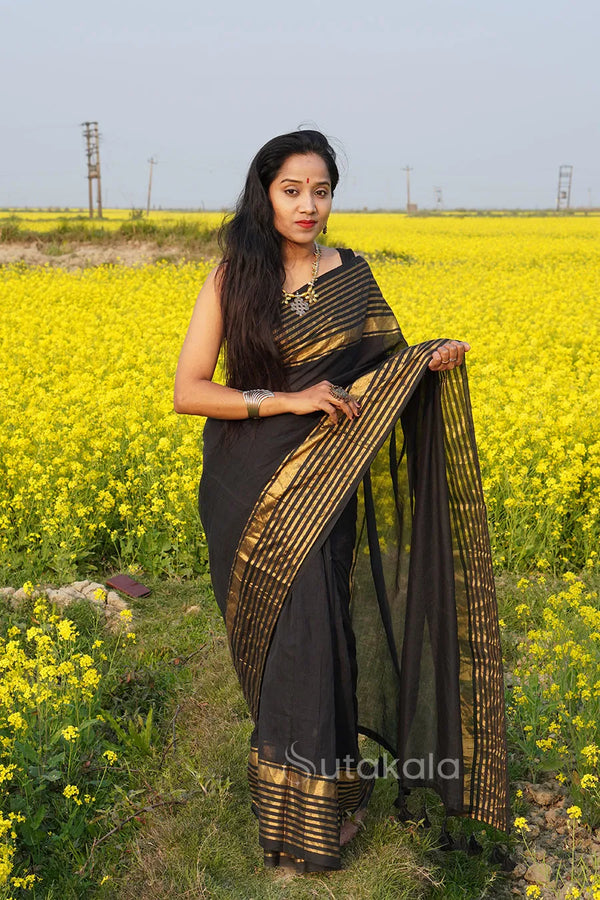 Black Malmal Cotton Saree with Golden Striped Border