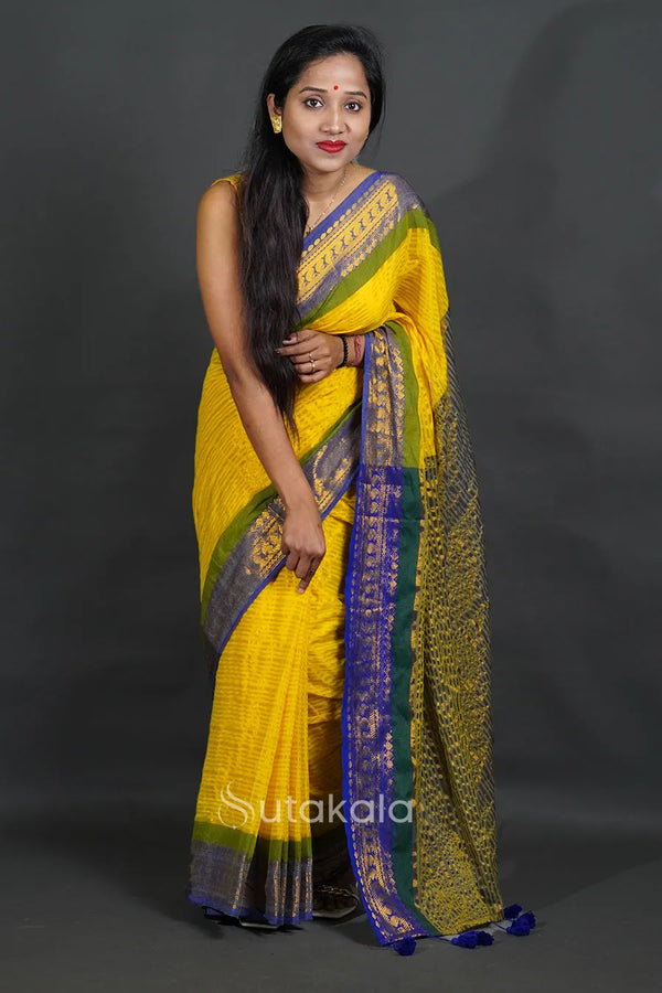 Mustard Yellow Cotton Saree with Blue & Green Woven Border