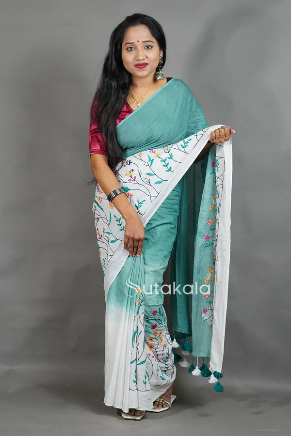 Sea Green Cotton Saree with White Floral Thread Work