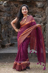 Purple Malmal Cotton Saree with Golden Striped Border