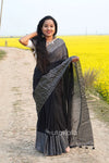 Black Malmal Cotton Saree with White Striped Border