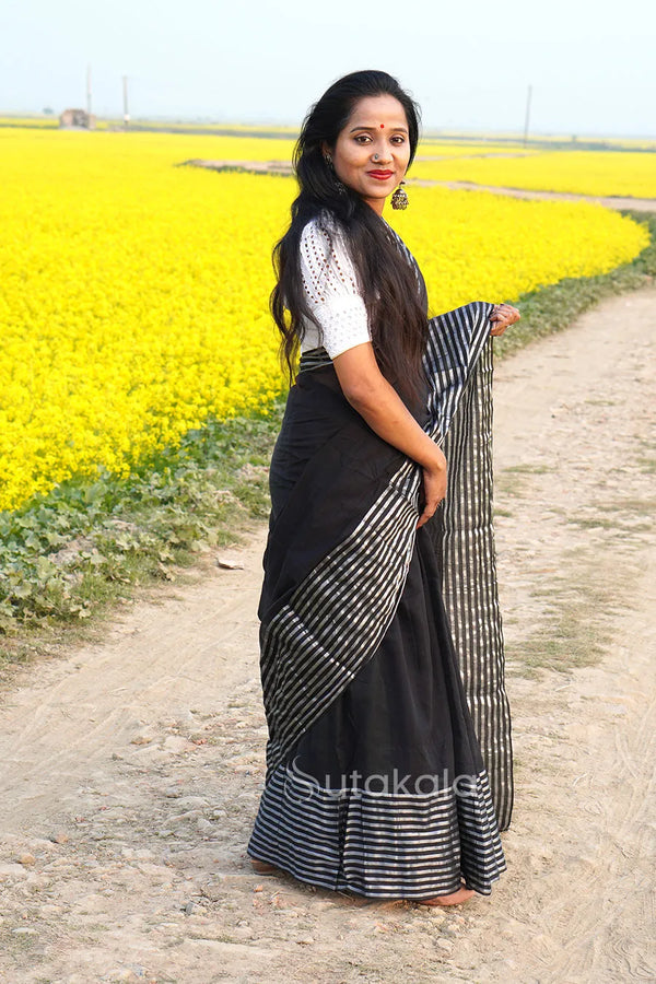 Black Malmal Cotton Saree with White Striped Border