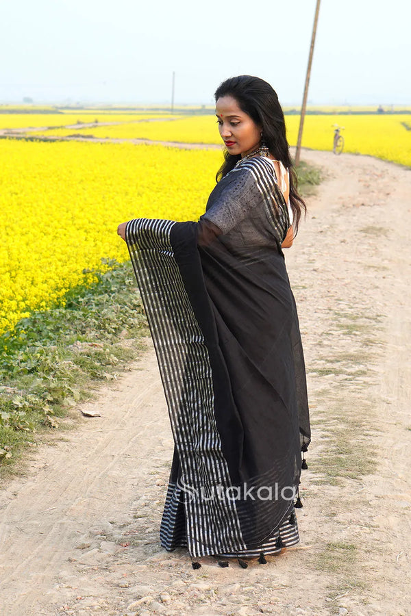 Black Malmal Cotton Saree with White Striped Border