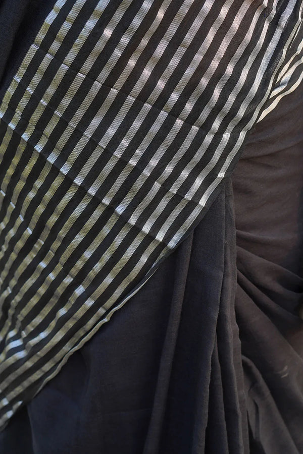 Black Malmal Cotton Saree with White Striped Border