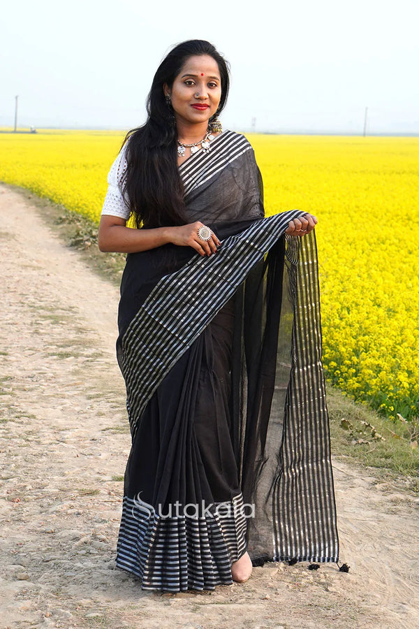 Black Malmal Cotton Saree with White Striped Border