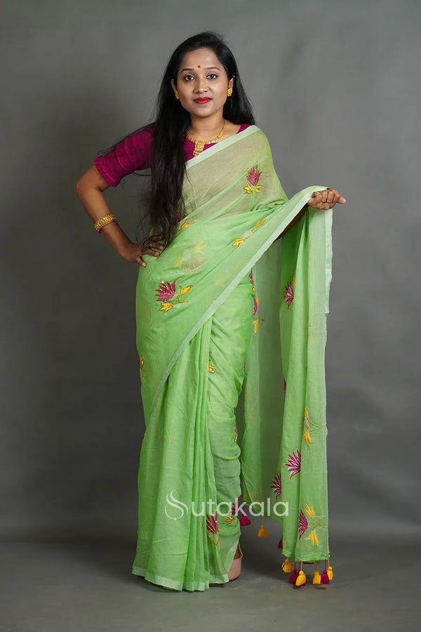 Lotus Sequence Cotton Saree with Floral Thread Work