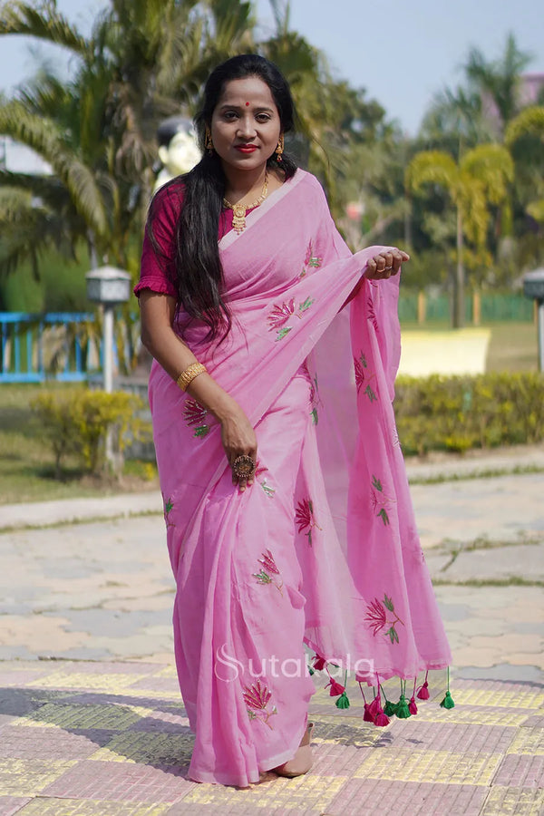 Mul Cotton Saree with Sequence Floral Thread Work Embroidery